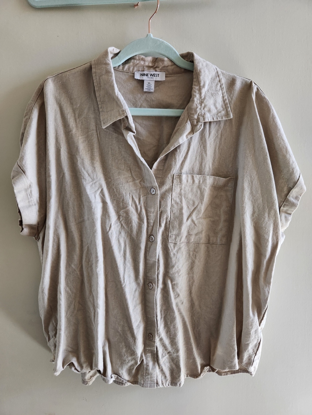 Nine West Tan Short-Sleeve Button Shirt Linen Blend (55% Linen/45% Viscose), XL